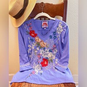 Johnny Was Lilac Embroidered Three-Quarter Sleeve Top